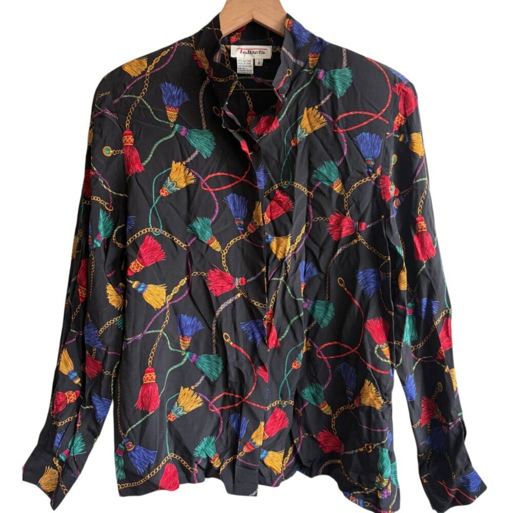 Vintage Talbots Silk Button Up Blouse Size 8 Vintage Shoulder Pads Placket